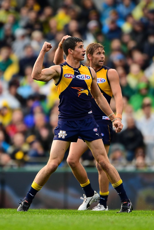 AFL 2016 Rd 18 - West Coast v Melbourne PERTH, AUSTRALIA - JULY 23: Liam Duggan and Mark LeCras of the Eagles celebrates a goal during the 2016 AFL Round 18 match between the West Coast Eagles and the Melbourne Demons at Domain Stadium on July 23, 2016 in Perth, Australia. (Photo by Daniel Carson/AFL Media)